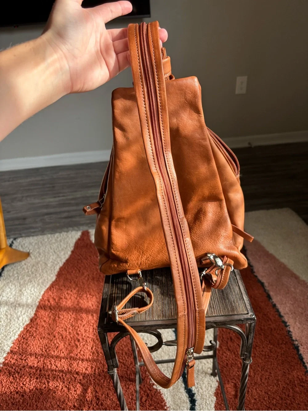 Leather Backpack Tote in Cognac Brown